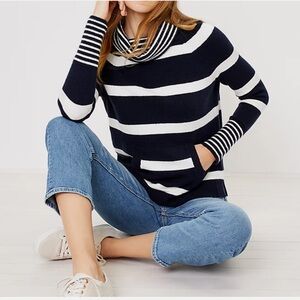 LOFT Striped Turtleneck Sweater Navy White Cozy Knit Pullover Size L